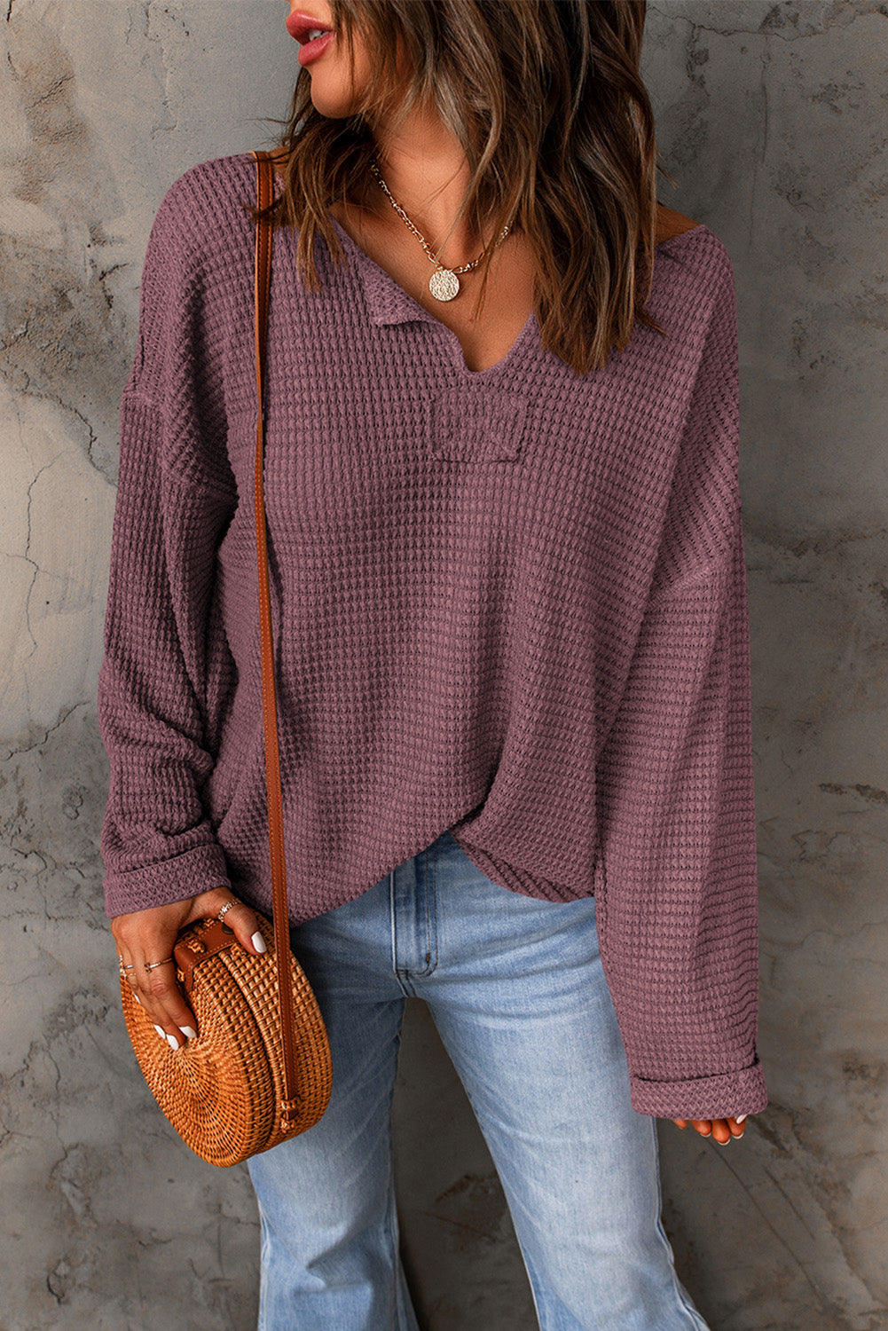 Loose Fit Waffle Knit Long Sleeve Top in Purple