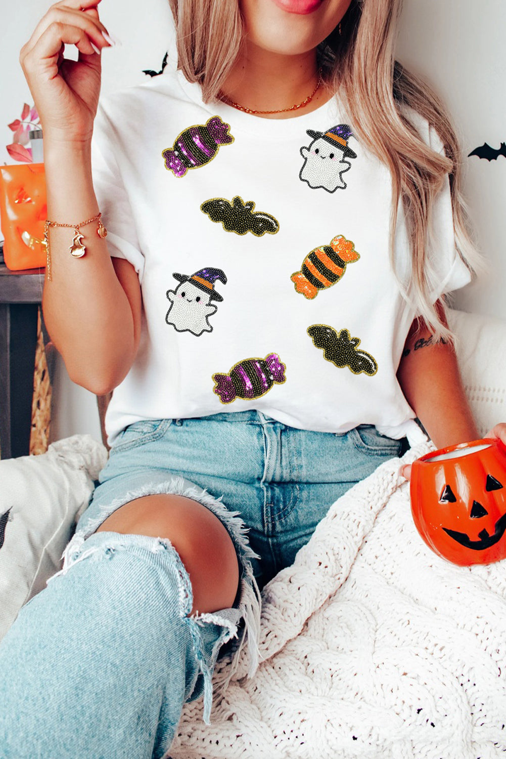 Halloween Sequin Ghost Candy Bat Graphic Casual T Shirt