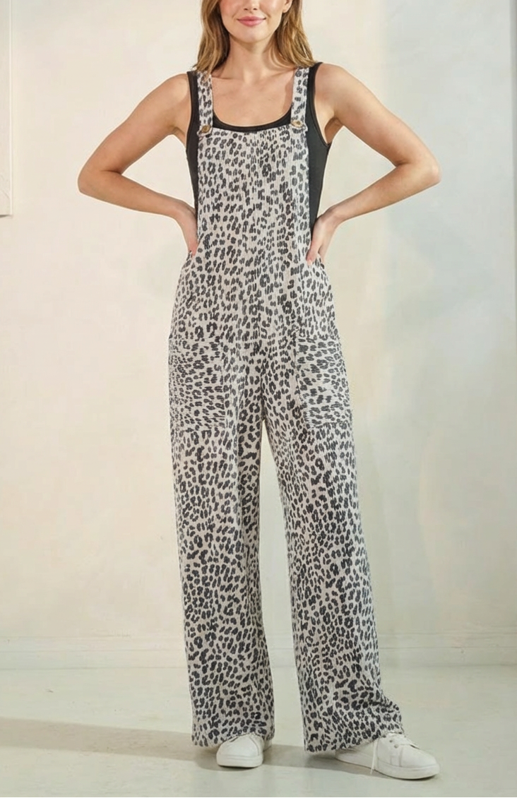 Leopard Print Sleeveless Overall Wide Leg Jumpsuit