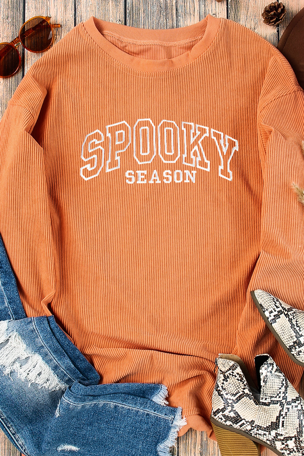 Halloween Orange SPOOKY SEASON Graphic Ribbed Oversized Sweatshirt
