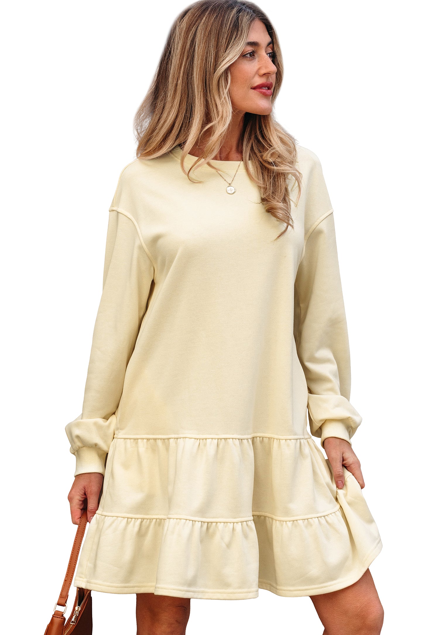 Beige Ruffle Hem Long Sleeve Loose Casual Mini Dress