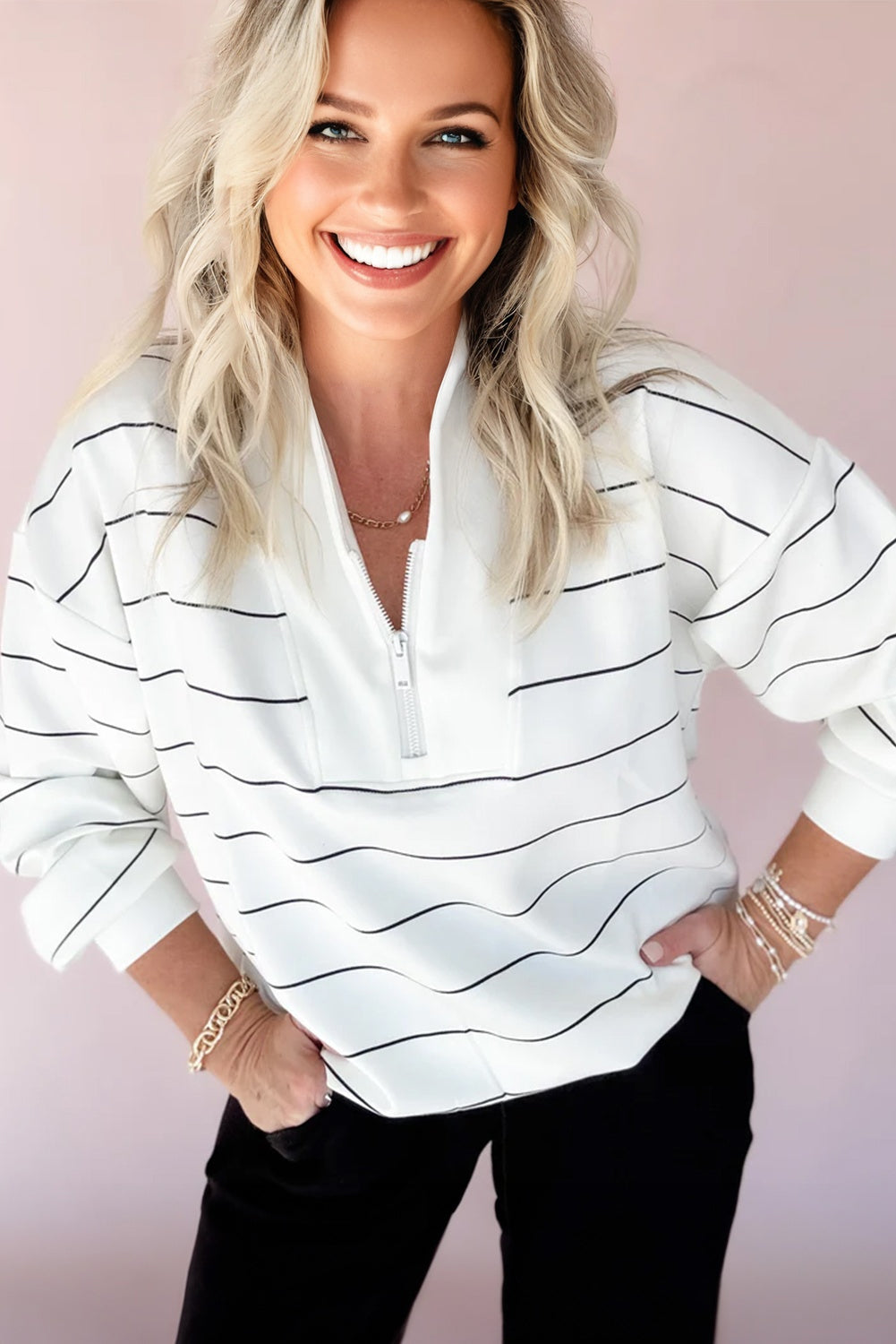 White Striped Zip V Neck Drop Shoulder Long Sleeve Top