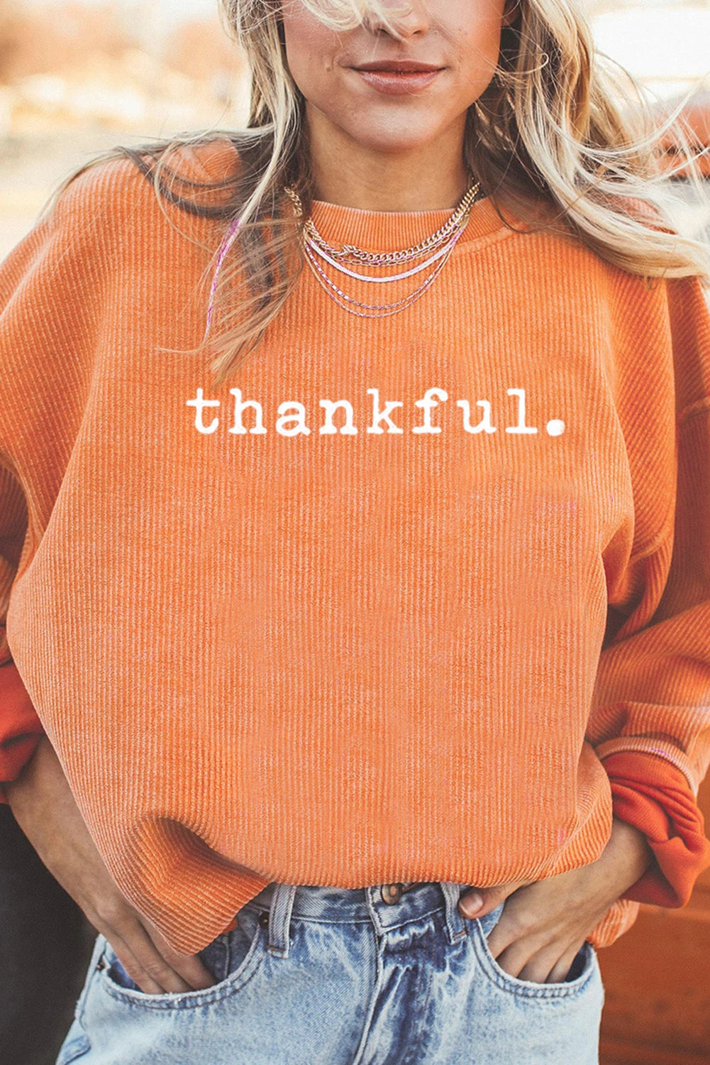 Orange Thankful Ribbed Crewneck Thanksgiving Sweatshirt