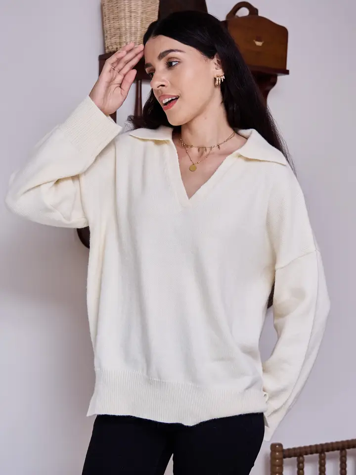 V Neck Collared Knit Sweater Oversized Casual Pullover