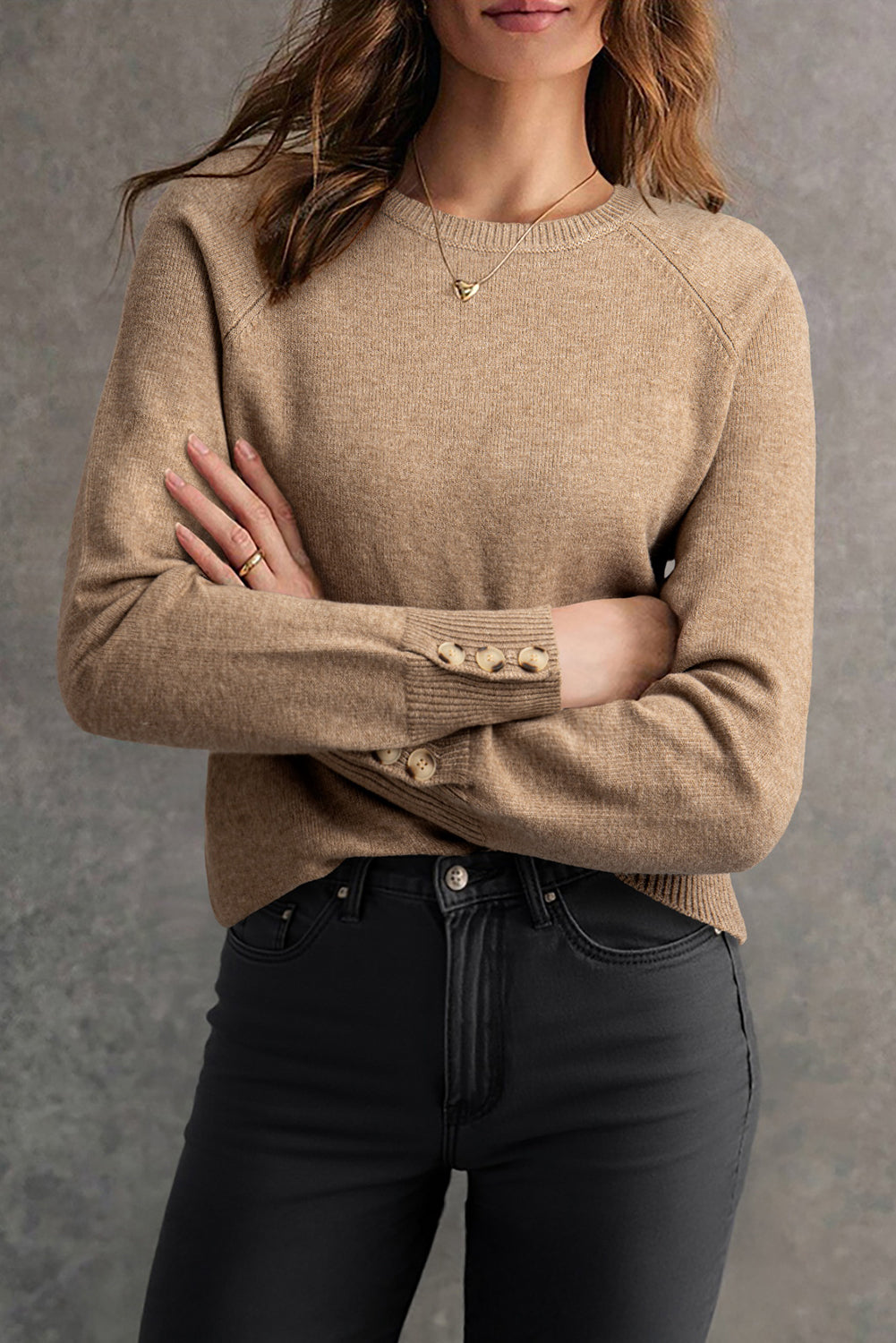 Button Cuff Bishop Sleeve Crew Neck Knit Sweater