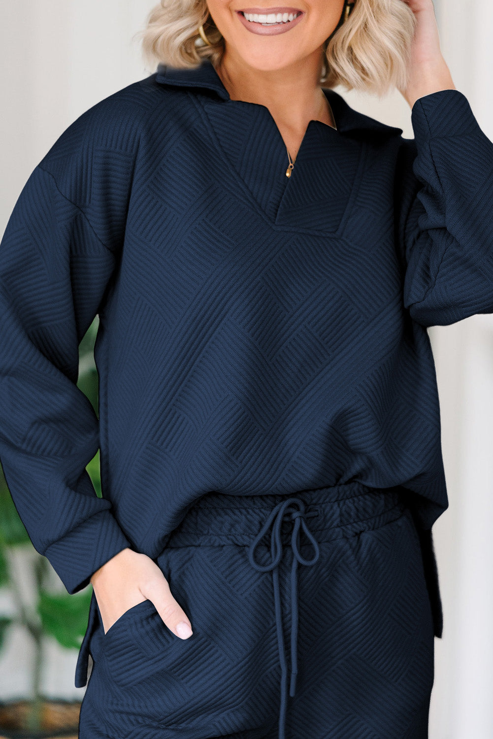 Solid Textured Collared V Neck Top and Wide Leg Pants Set