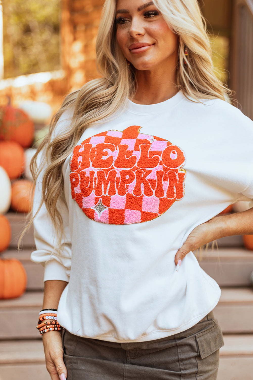 Hello Pumpkin Chenille Patch Halloween Pullover Sweatshirt