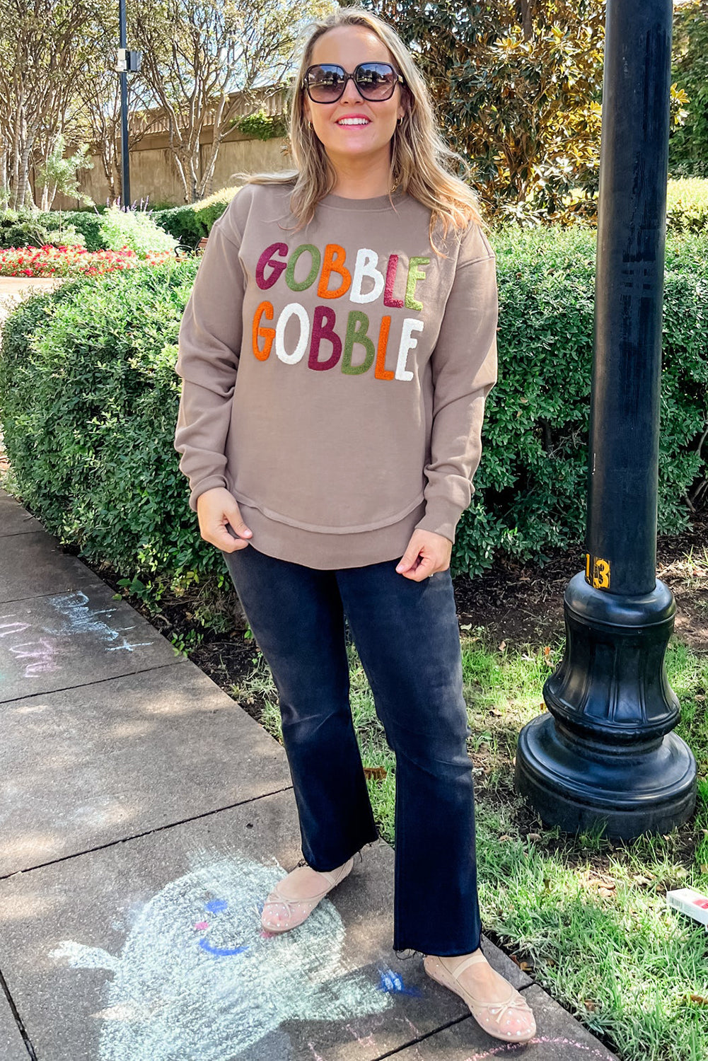 Khaki Gobble Gobble Chenille Letter Thanksgiving Sweatshirt