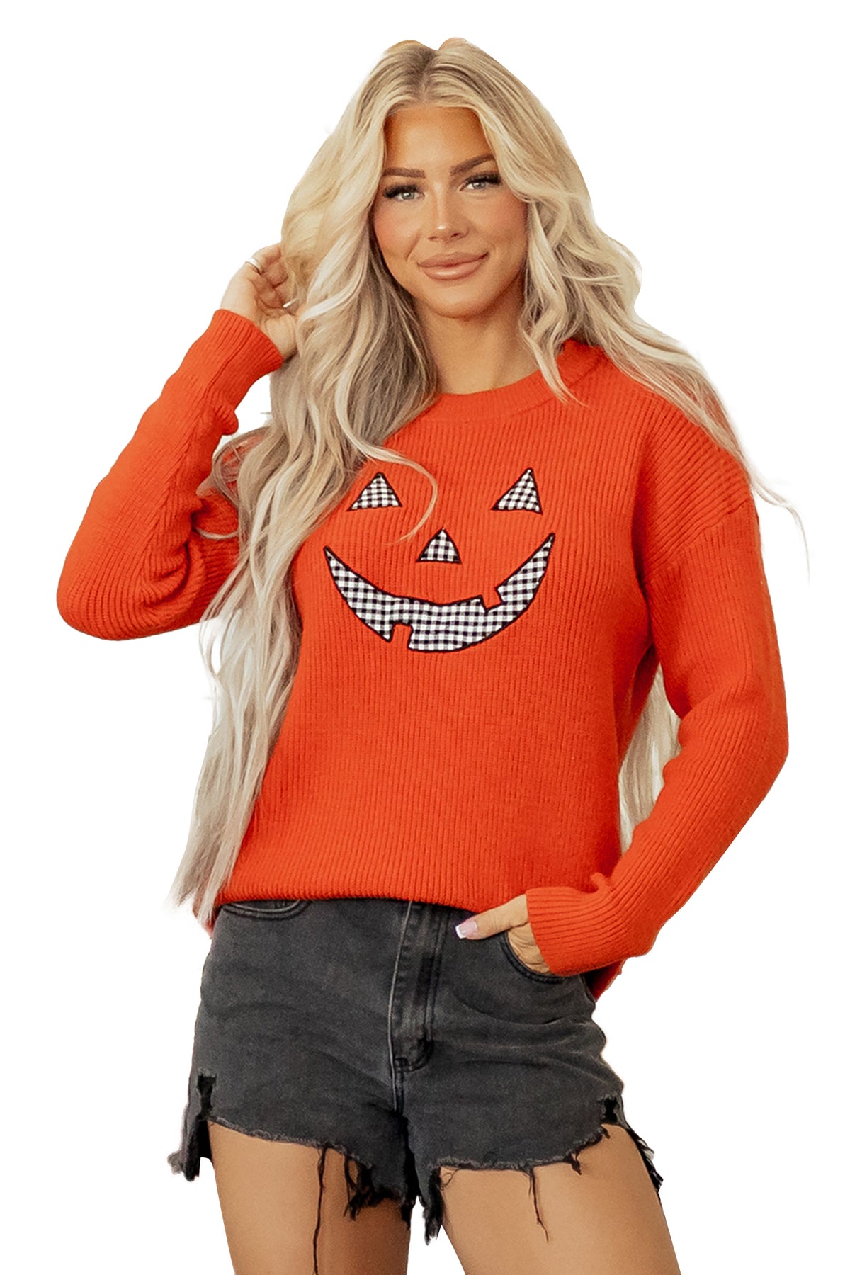Orange Jack-O-Lantern Halloween Drop Shoulder Knit Sweater