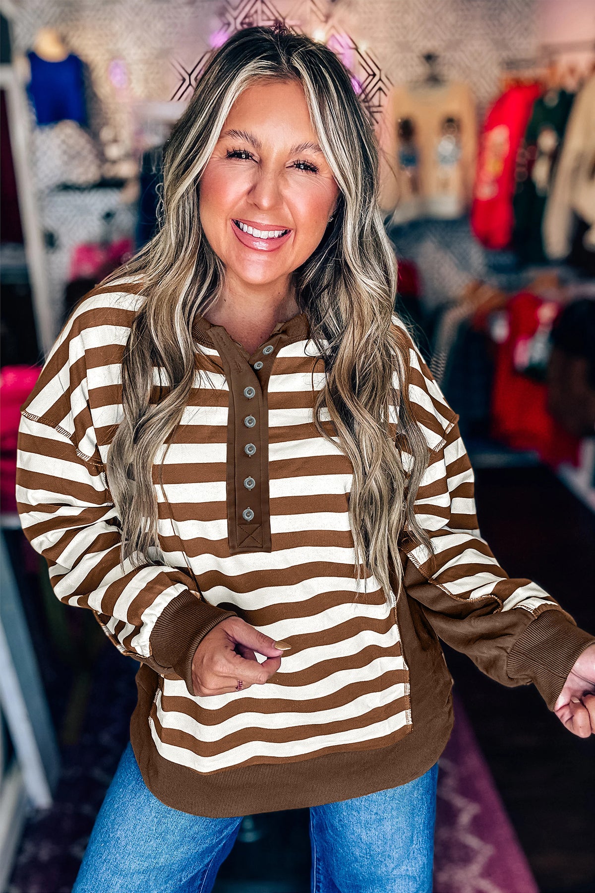 Brown Stripe Henley Button Placket Colorblock Sweatshirt Top
