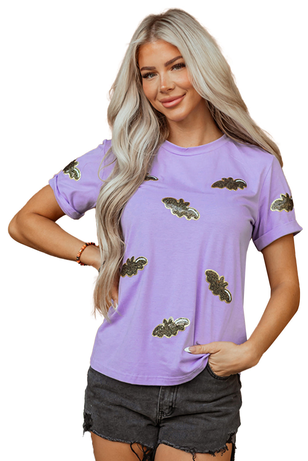 Purple Sequin Halloween Bat Graphic Casual T Shirt