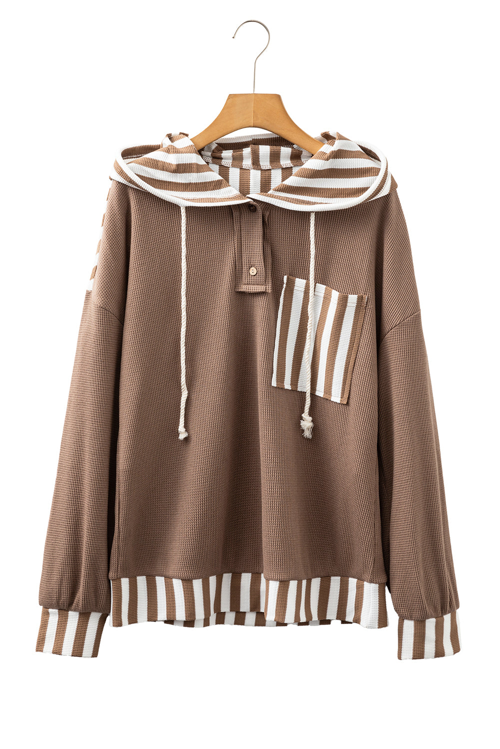 Striped Patchwork Button Neck Drawstring Hoodie with Waffle Texture