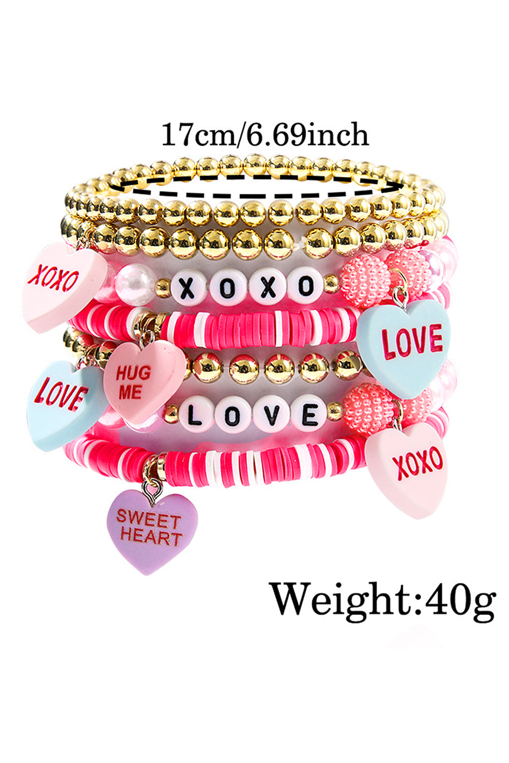 Valentine Heart Beaded Elastic Bracelet Stack Set