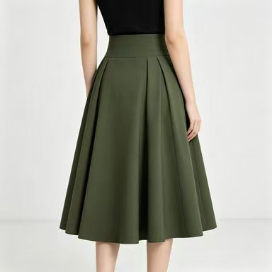 Women's High Waist Pleated A-Line Midi Skirt Button Detail
