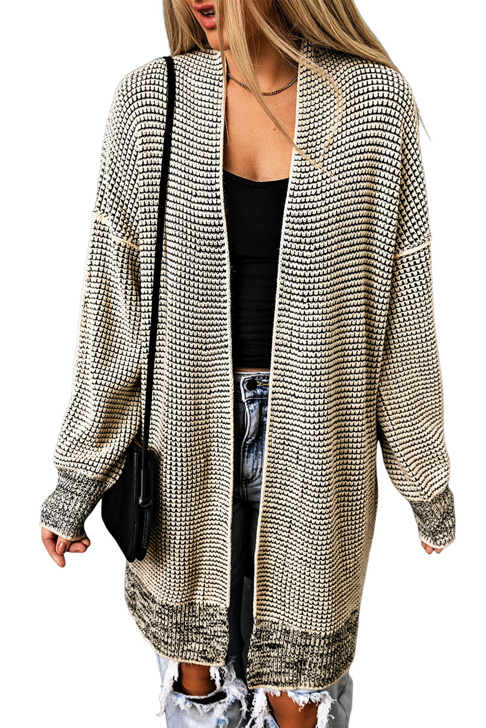 Gray Plaid Knit Open Front Long Cardigan Sweater