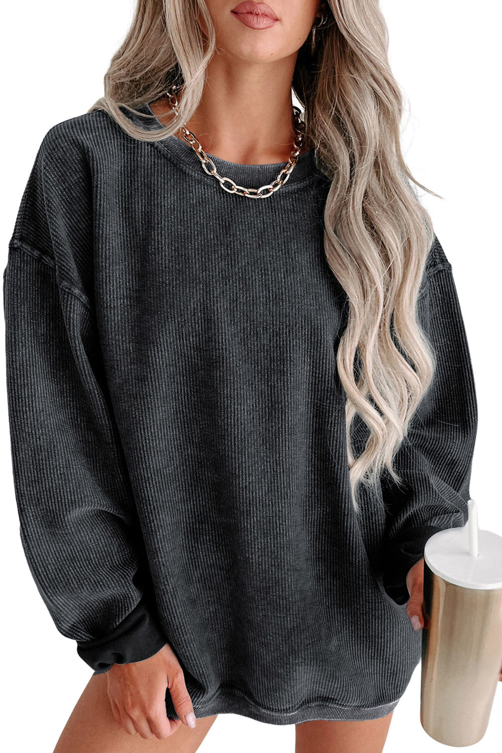 Customizable Solid Ribbed Knit Round Neck Casual PulloverSweatshirt