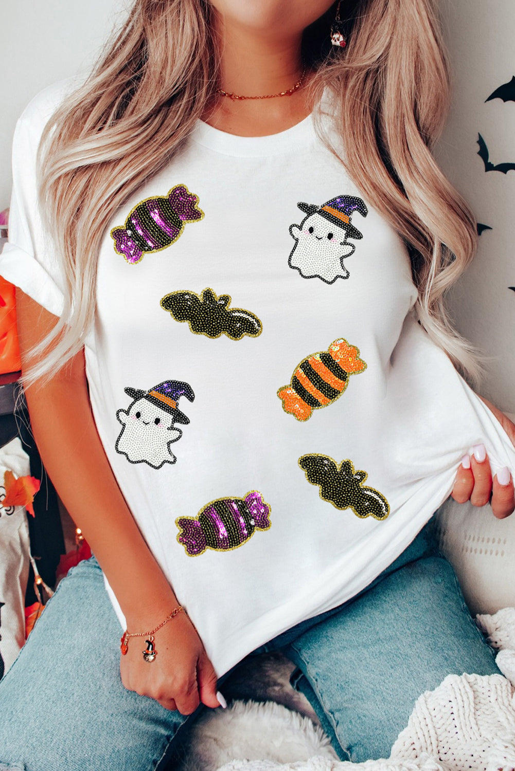 Halloween Sequin Ghost Candy Bat Graphic Casual T Shirt