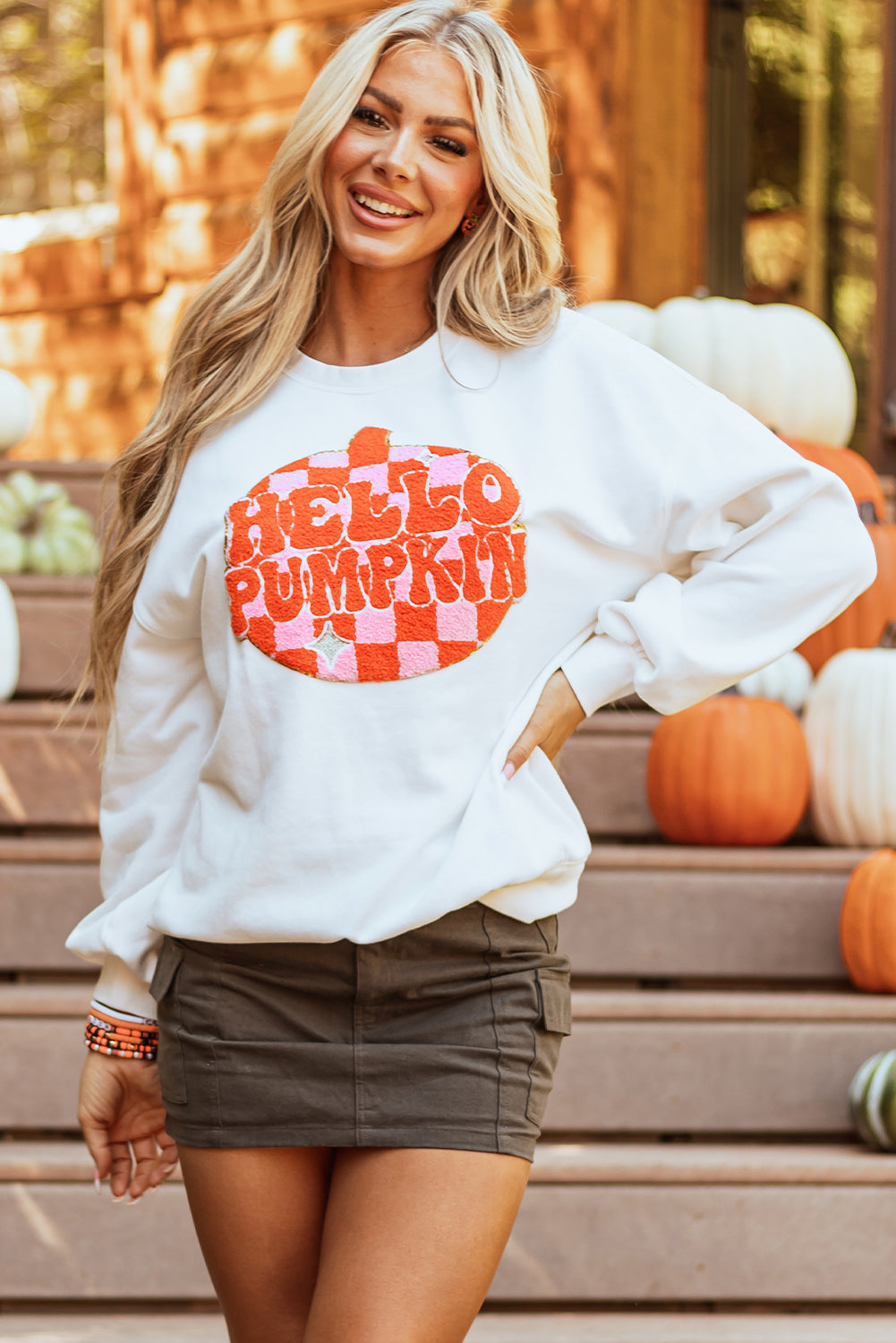Hello Pumpkin Chenille Patch Halloween Pullover Sweatshirt