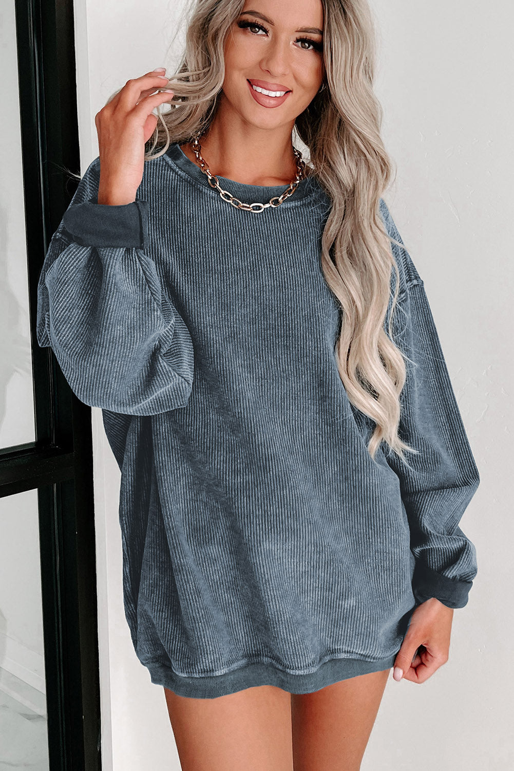 Customizable Solid Ribbed Knit Round Neck Casual PulloverSweatshirt