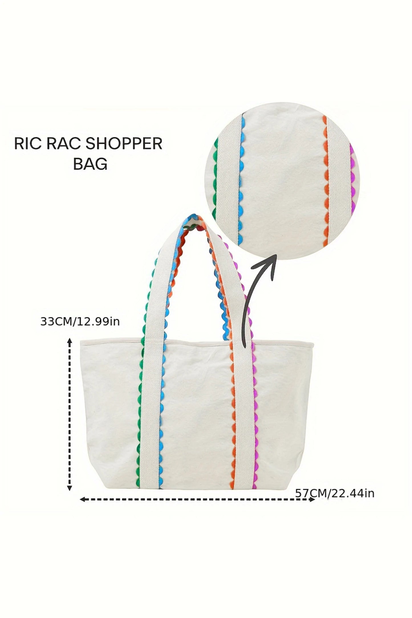 Ricrac Trim Canvas Tote Bag Colorful Large Capacity