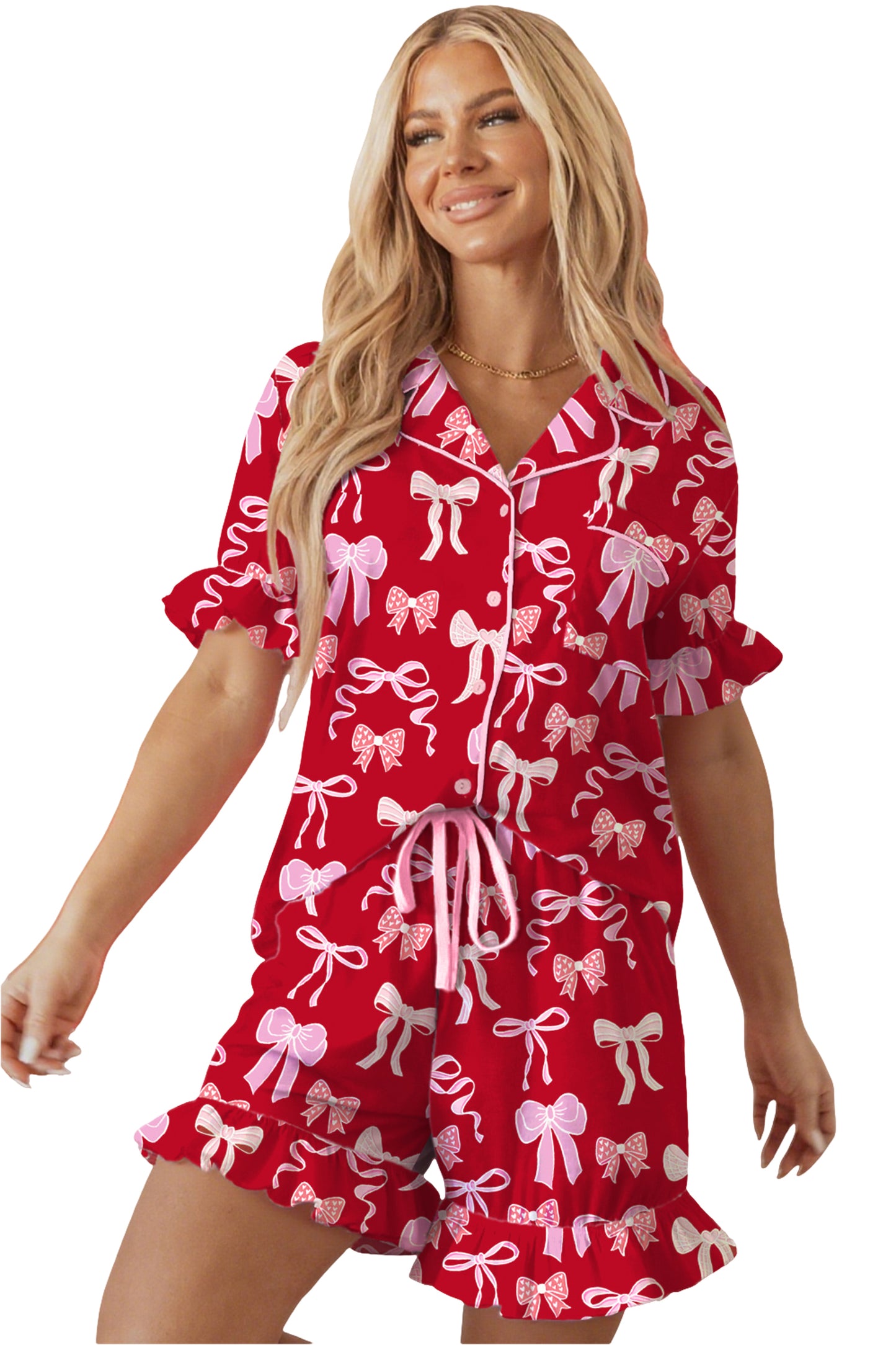 Valentine Red Bow Print Ruffle Pajama Shorts Set for Women