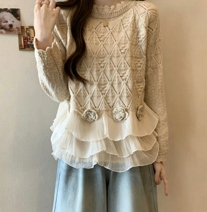 Womens Lace Ruffle Sweater Floral Knit Pullover Top
