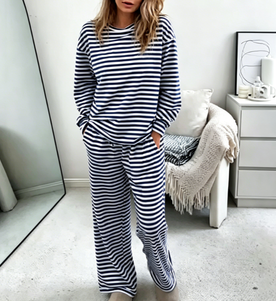 Women's Striped Lounge Set Long Sleeve Wide Leg Pants
