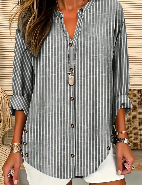 Womens Striped V Neck Button Down Long Sleeve Tunic Top