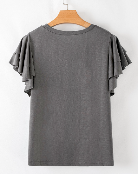 Dark Grey Double Ruffled Short Sleeve Plus Size Top