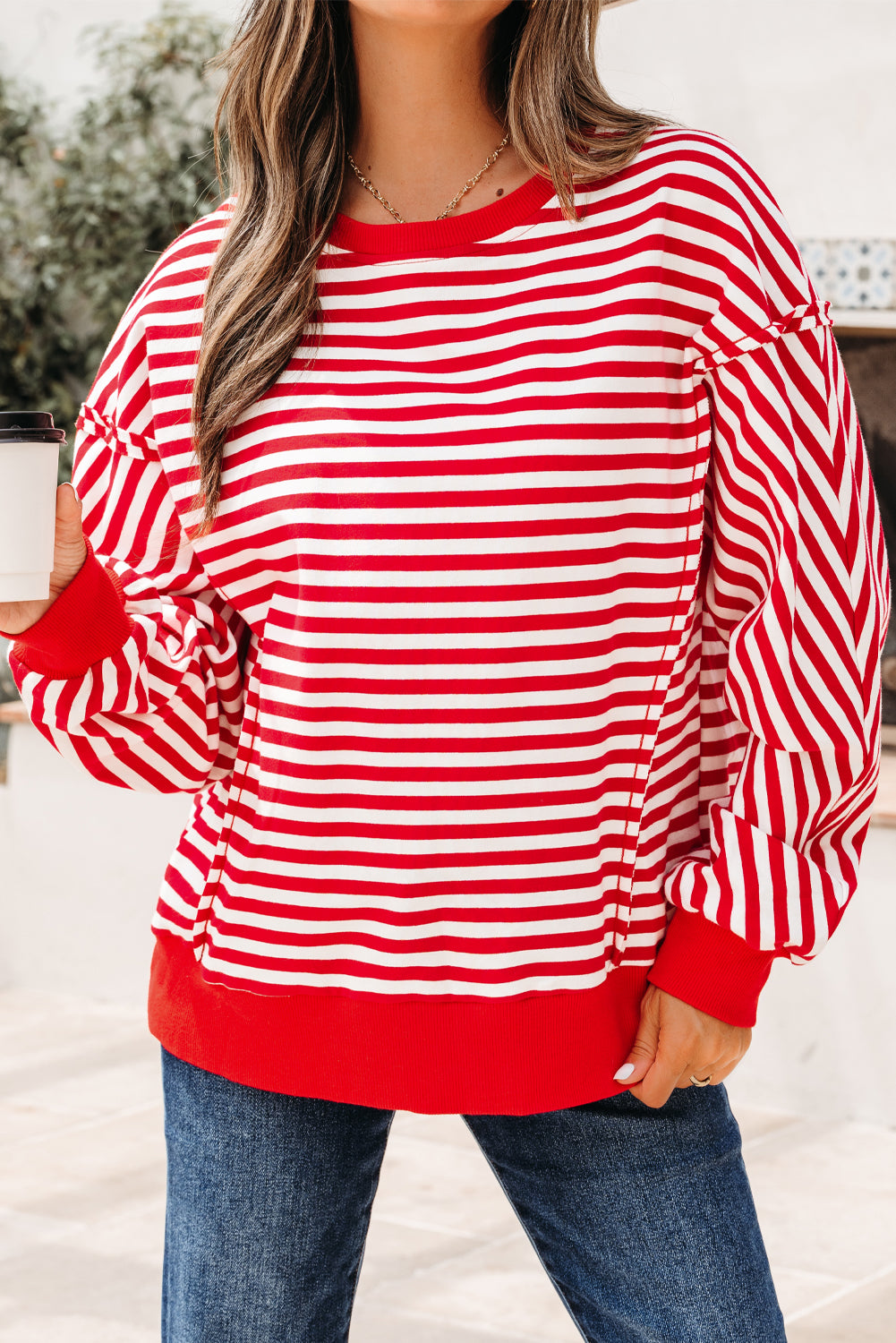 Red Stripe Oversized Pullover Exposed Seam Long Sleeve Top