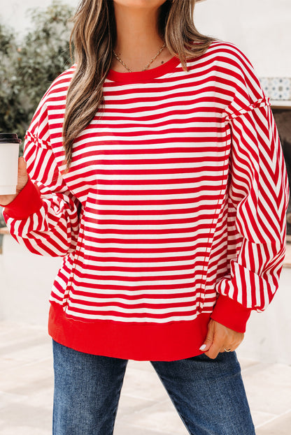 Red Stripe Oversized Pullover Exposed Seam Long Sleeve Top