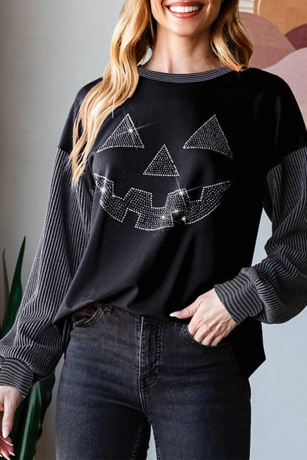 Black Halloween Rhinestone Pumpkin Face Ribbed Sleeve Top