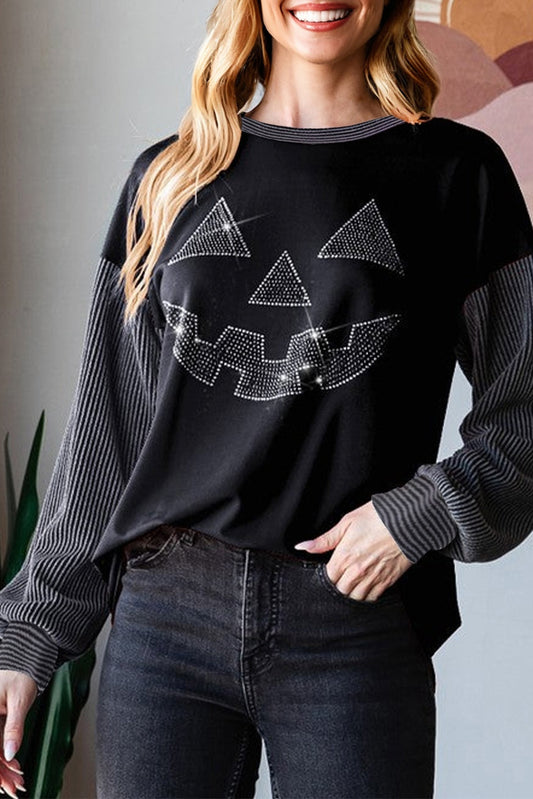 Black Halloween Rhinestone Pumpkin Face Ribbed Sleeve Top