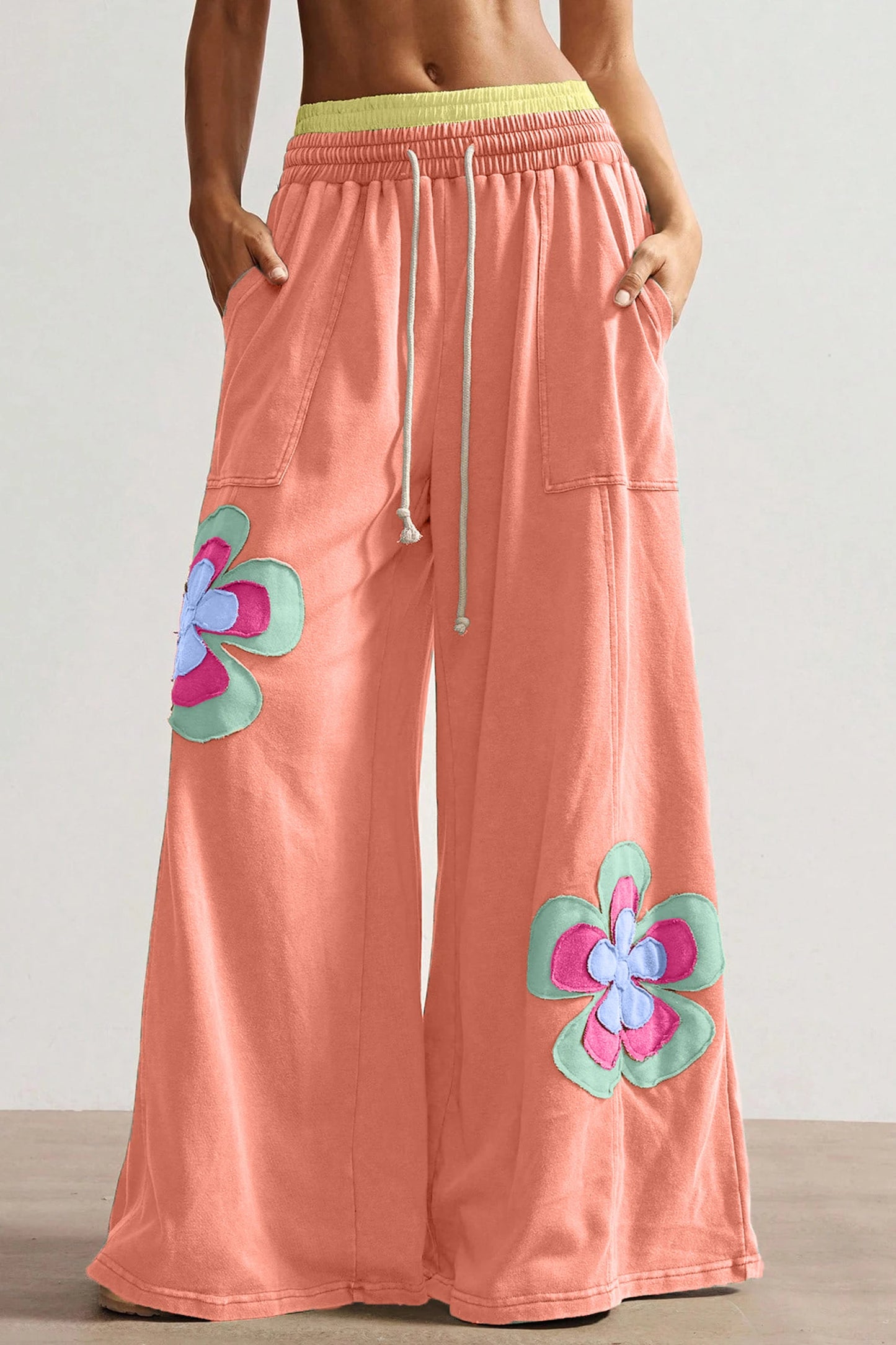 Color Block Floral Patch Wide Leg Pants Drawstring Waist