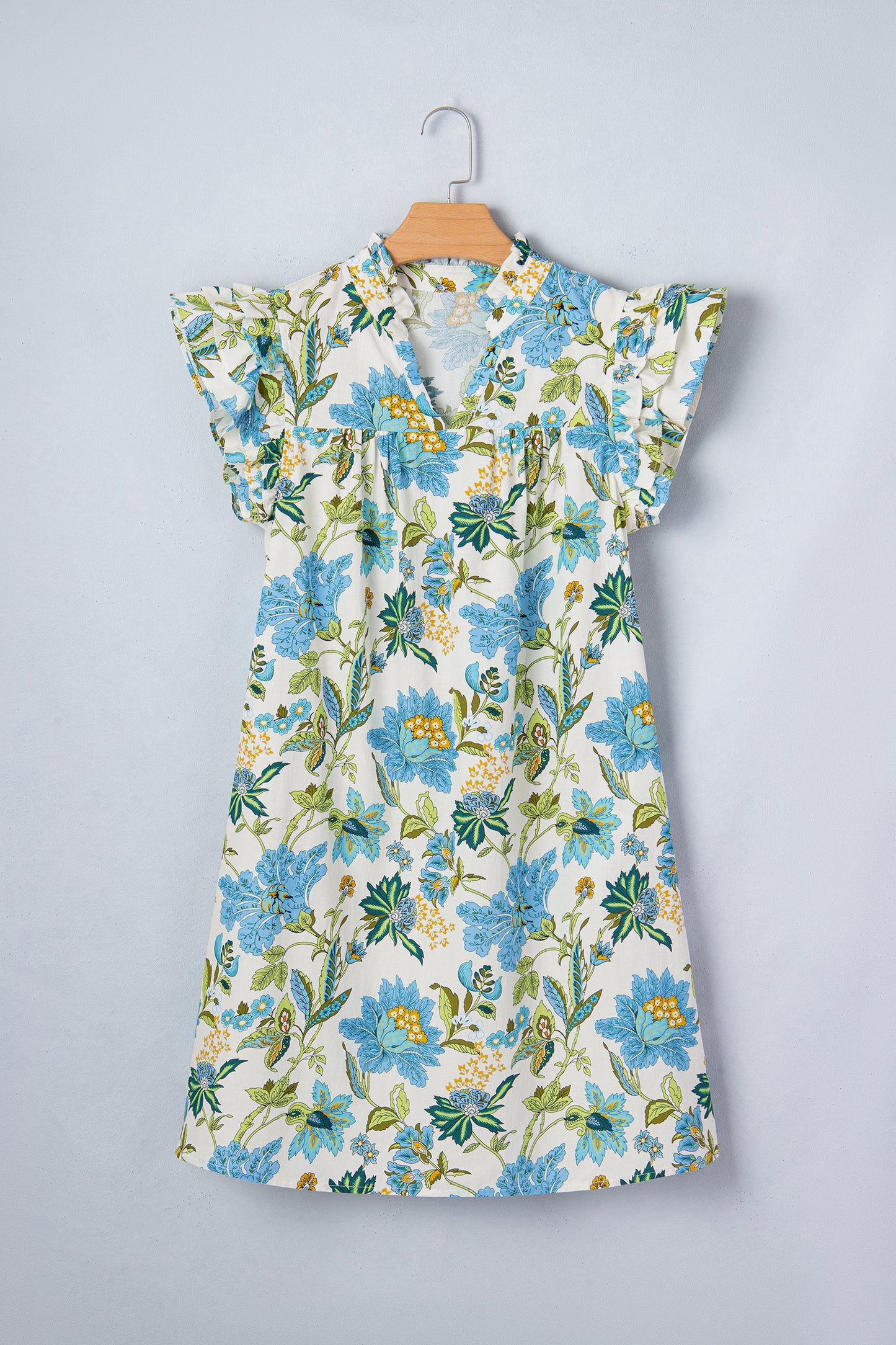 Boho Floral Ruffle Sleeve V Neck Shift Mini Dress