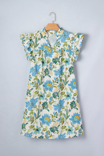 Boho Floral Ruffle Sleeve V Neck Shift Mini Dress