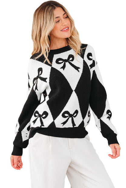 Valentine Black Bow Argyle Oversized Knit Sweater