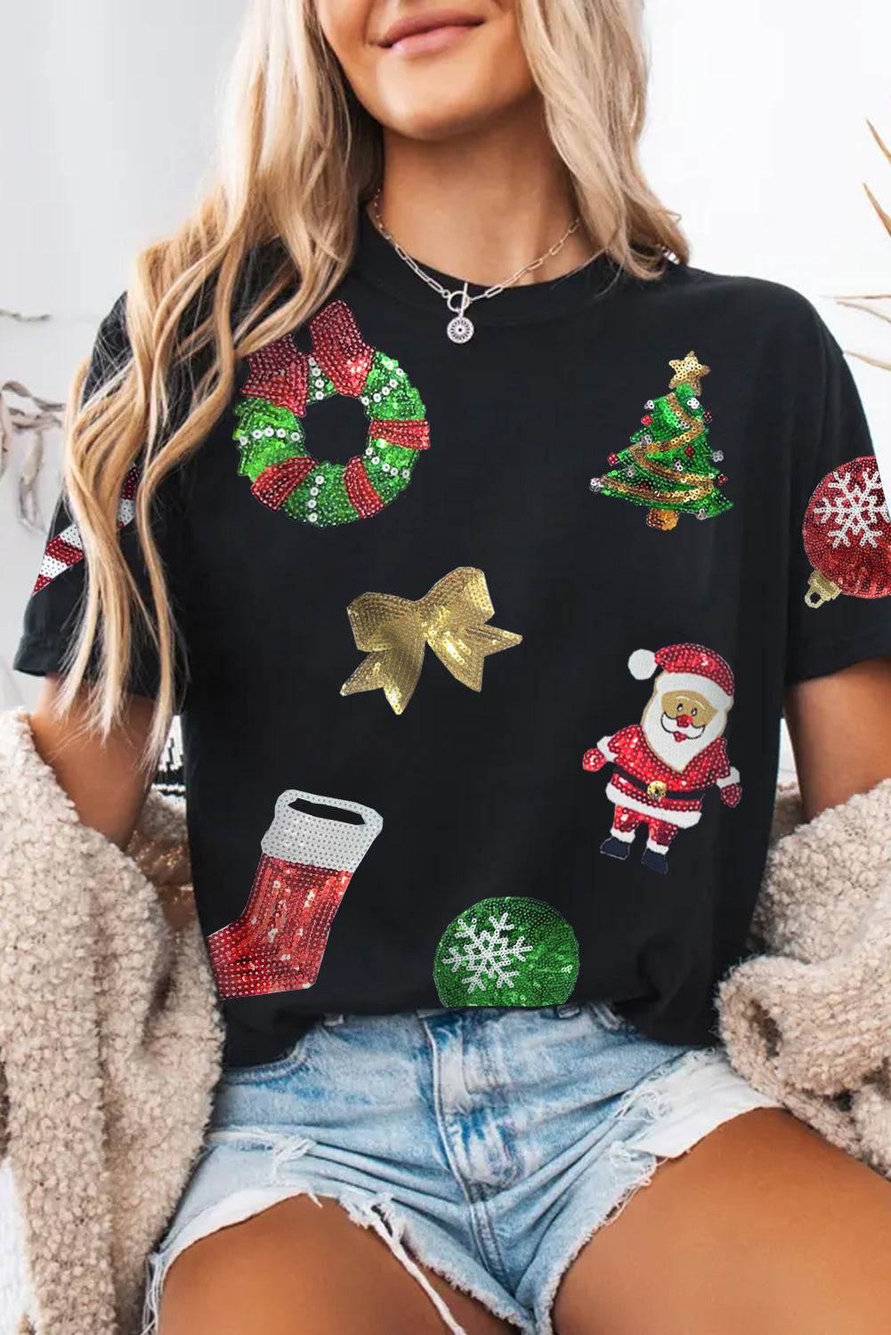 Black Sequin Christmas Holiday Graphic Crewneck T Shirt