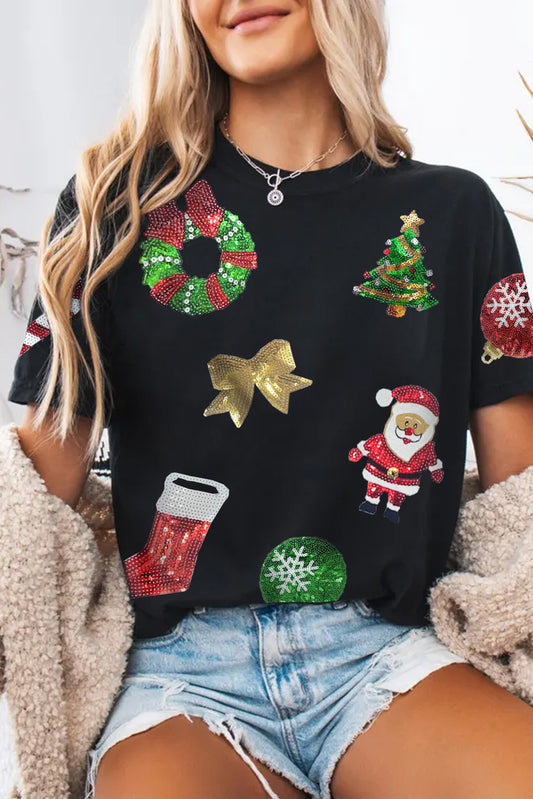 Black Sequin Christmas Holiday Graphic Crewneck T Shirt