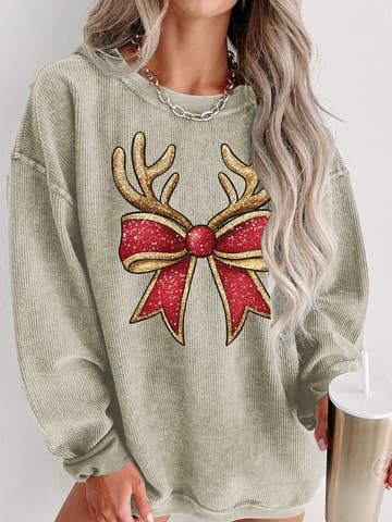 Christmas Reindeer Bow Graphic Corded Knit Sweatshirt