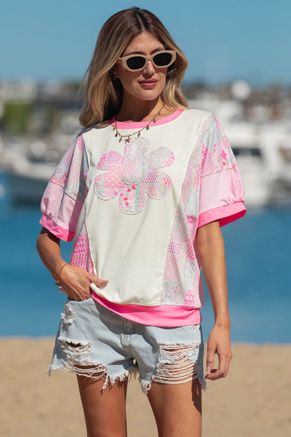 Beige Floral Patchwork Color Block Relaxed Fit Top