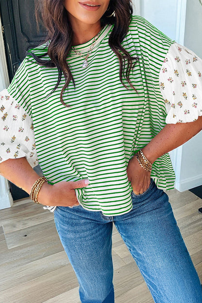 Striped Floral Patchwork Puff Sleeve Loose Casual Top