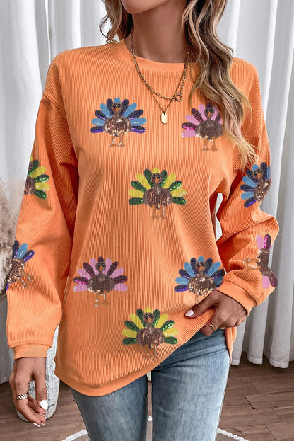 Sequined Turkey Corded Oversized Thanksgiving Sweatshirt