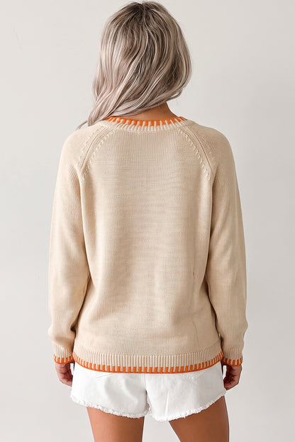 Pumpkin Knit Sweater Autumn Floral Embroidered Relaxed Fit