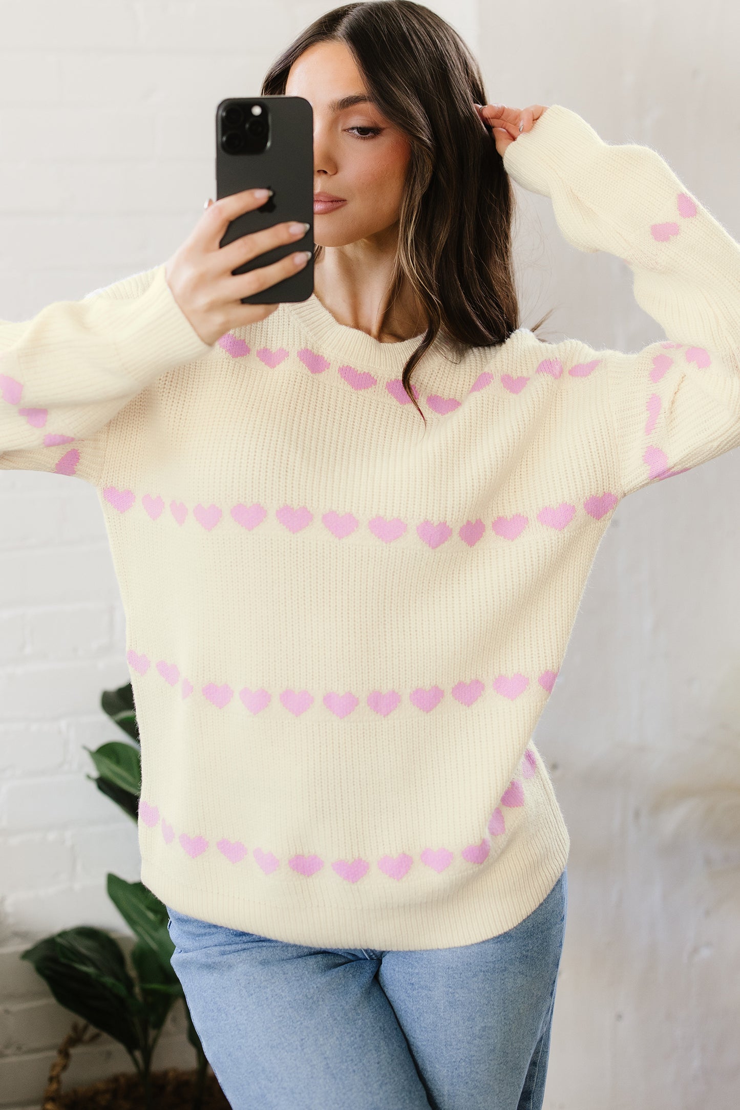 Cream Ribbed Knit Sweater with Pink Heart Pattern Valentine Top