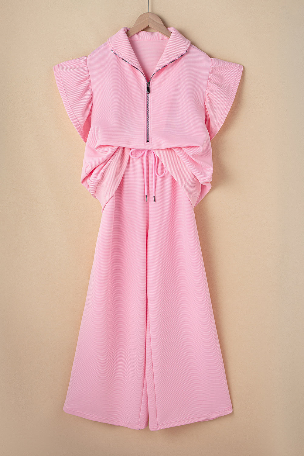 Textured Ruffle Sleeve Solid Color Two-Piece Set