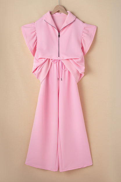 Textured Ruffle Sleeve Solid Color Two-Piece Set