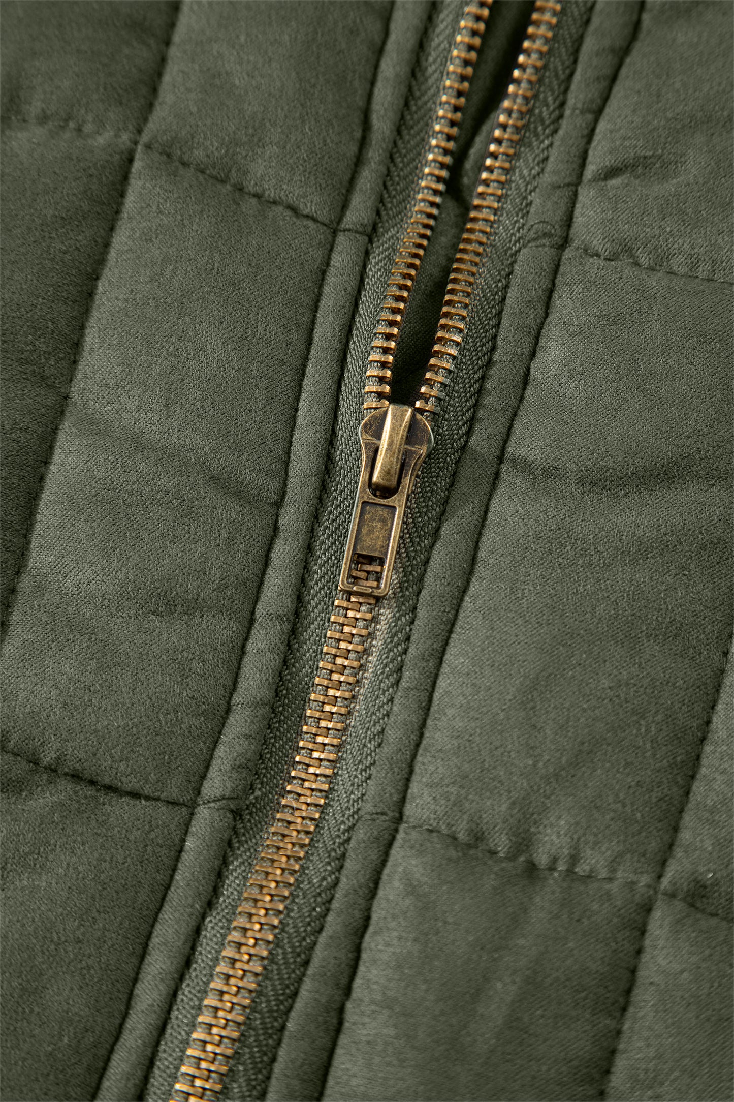 Olive Green Quilted Zip-Up Jacket with Pockets