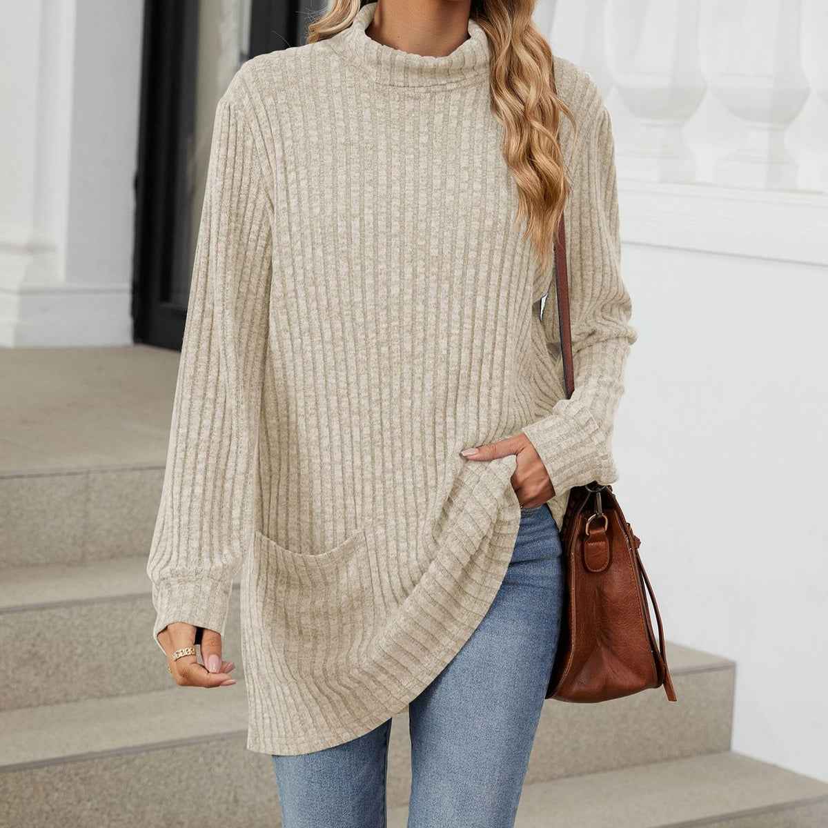 Women's Oversized Ribbed Mock Neck Tunic with Pockets