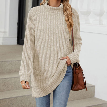 Women's Oversized Ribbed Mock Neck Tunic with Pockets